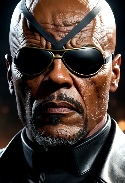 a highly detailed portrait of Nick Fury, Marvel superhero character, ((wearing an eyepatch)), intricate facial details, intense gaze, serious expression, black leather outfit, military style, cinematic lighting, dramatic shadows, realistic textures, hyper-...