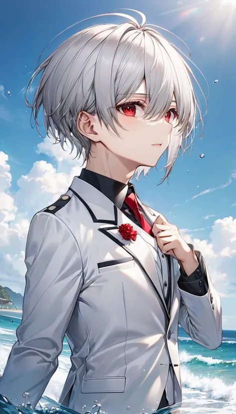 (profile:2, full-body), (love style) ((16 yo)), (solo:2 crew cut silver hair very short hair divine cool boy, serious red eyes), break, (in a butler suit), break, (in the open ocean view beach), (background detailed ocean), BREAK, perfect anatomy, masterpi...