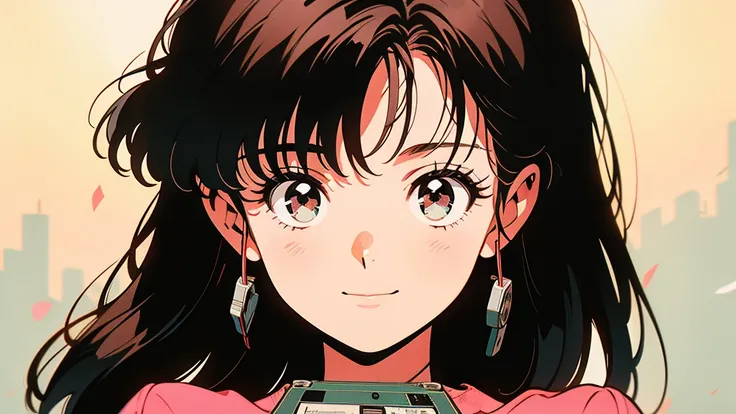 A picture of a girl in anime style holding a cassette tape. The girl has big eyes, black hair, and wears a red hairband. The cassette tape is red and she holds it up in front of her face. The background is simple and the main focus is on the girl and the c...