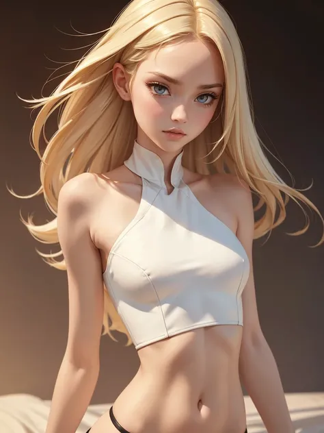 (best quality), 1girl, female, porcelain skin, blonde hair, straight hair, medium hair, swoopy tips, Flipped-up ends, brown eyes, perfect eyes, slender, crop top, small bust, shy, masterpiece, anatomically correct, highres
