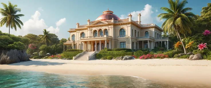 (best quality,4k,8k,highres,masterpiece:1.2),ultra detailed,(realistic,photorealistic,photorealistic:1.37),HDR,UHD,
The camera is positioned on the beach looking along towards a mansion, the mansion is clad in polished copper and has a green glass dome in ...