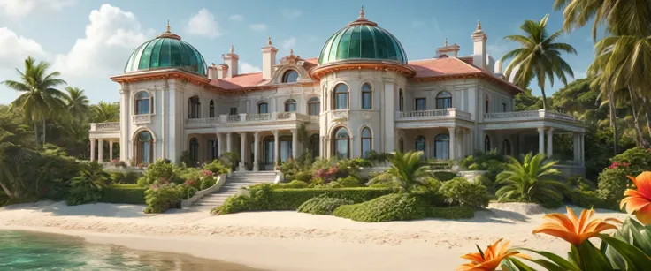 (best quality,4k,8k,highres,masterpiece:1.2),ultra detailed,(realistic,photorealistic,photorealistic:1.37),HDR,UHD,
The camera is positioned on the beach looking along towards a mansion, the mansion is clad in polished copper and has a green glass dome in ...