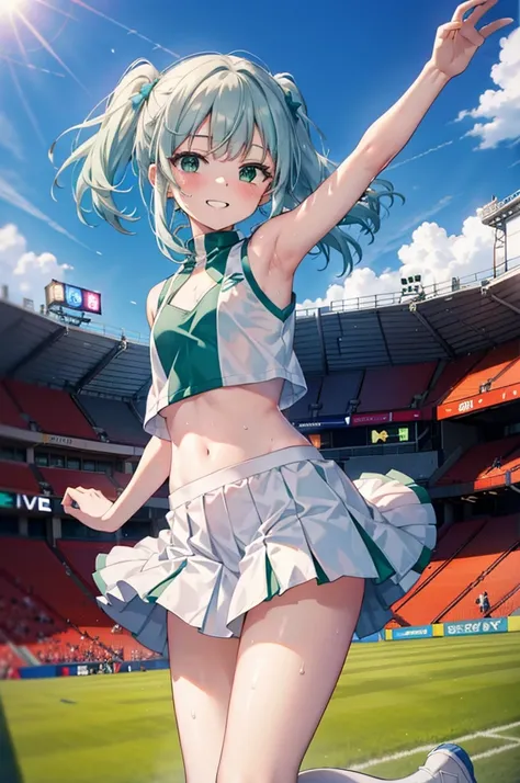 index, index,silver hair, (green eyes:1.5),long hair, (flat chest:1.2),grin,tooth,daytime,clear skies,
,(cheer leading), (whole ...