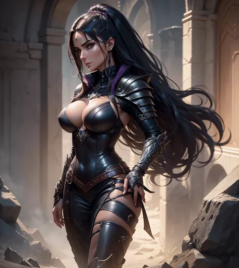 (((Solo character image.))) (((Generate a single character image.)))  (((Dressed in medieval fantasy attire.)))  (((Create a captivating and enigmatic female warrior reminiscent of sexy glamor models.))) (((Looks like Carmella Bing as a fantasy character.,...