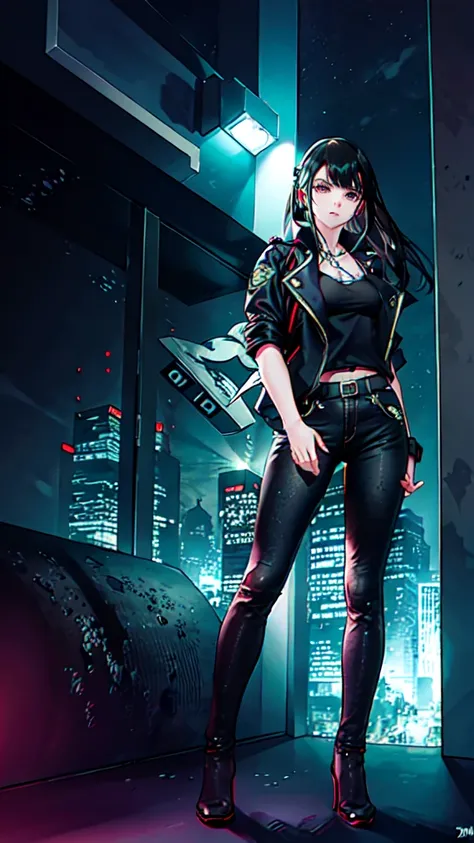 Portrait of Embuheis, Beautiful Face, Cyberpunk city at night. She is wearing a leather open jacket,lingerie,  Black jeans, Dramatic lighting, (Police Badge:1.2).