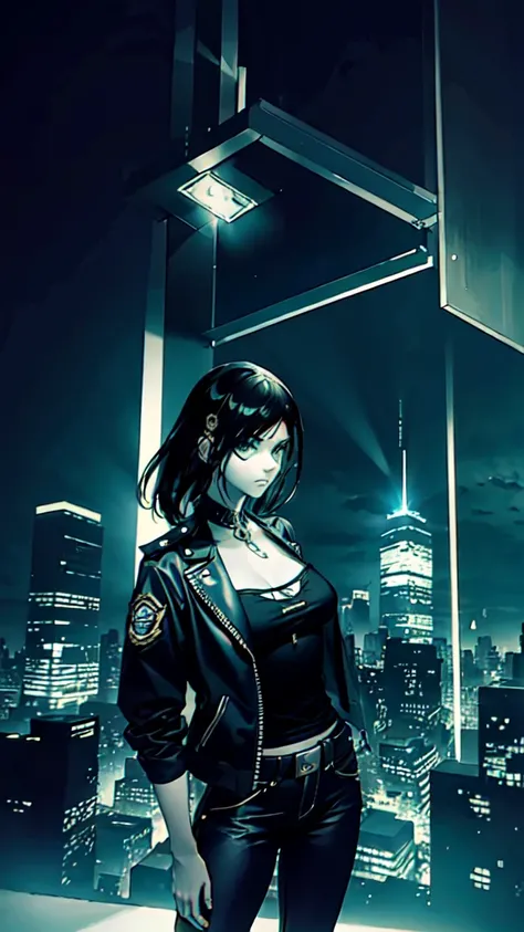 Portrait of Embuheis, Beautiful Face, Cyberpunk city at night. She is wearing a leather open jacket,lingerie,  Black jeans, Dramatic lighting, (Police Badge:1.2).