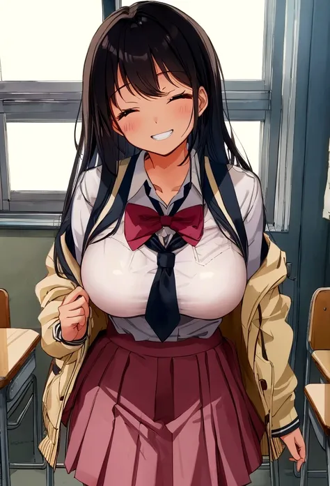 high school girl、Dressed in high 、School classroom、(Big Breasts)、Grinning face、(solo)、half closed eyes