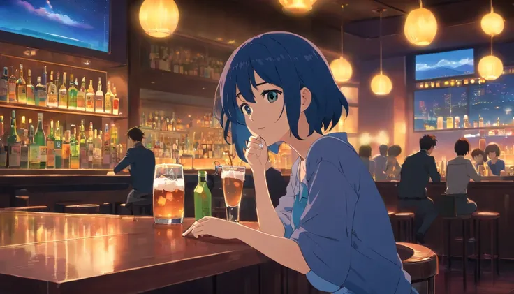 masterpiece, best quality, movie still, 1girl, cloud girl,Drinking at a bar with a night view