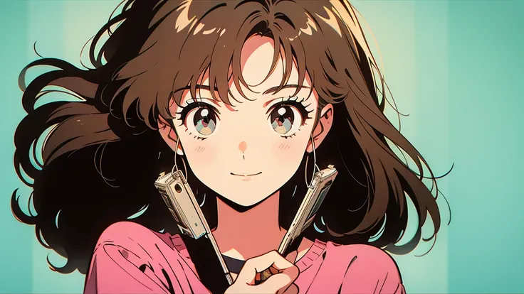 An anime style drawing of a girl holding a cassette tape. The girl has big eyes, brown hair, and wears casual clothes. The cassette tape is red and labeled ``1980.... The girl is smiling and holding the cassette up in front of her face. The background is s...