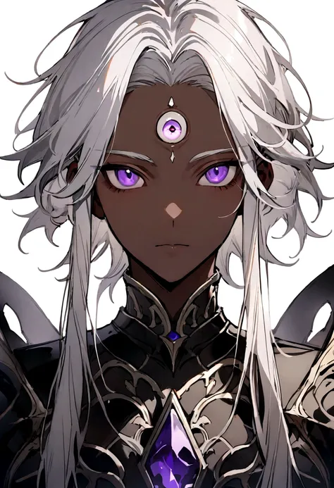 ((Highest quality)), ((masterpiece)), (((White Background))),male,(20th Generation),(Fantasy Costume),(youth),Character portrait,Gray Hair,((Front view)),(Character details),Purple Eyes,Brown skin,There are eyes on the forehead,Third Eye,alone,Are standing...