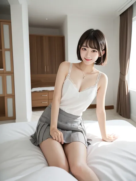 (Highest quality、masterpiece:1.9)、((Neat and clean female college student、1 person))、Soft lighting by a professional photographer、Natural light、((Very spacious white luxurious room:1.6))、((Bright white room:1.6))、(Sitting on a very luxurious white bed:1.2)...