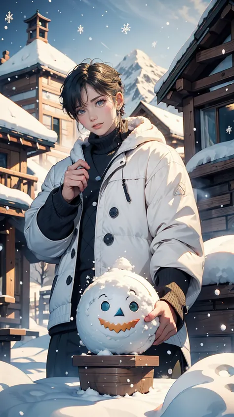 _Model shooting style, Bang Chan is having fun building an olive-eyed snowman., House background, Snowy mountain background, it&#39;s snowing, (Bang Chan Green Hair:0.8), (Bang Chan yellow hair:0.7), (Bang Chan Ombre Hair:0.4),  (Focus on Bang Chan: 0.8), ...