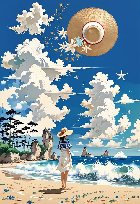 Illustration of a girl wearing a straw hat、Standing stunned、(The girl is depicted large:1.4)、Style of Japan painting、Beach waves splashing、Starfish、White shells、Emerald blue sea background、Cumulonimbus cloud debris、Highest quality、Ultra-high resolution、Gol...