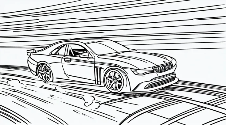 Coloring book page, beautifully drawn, black and white, car racing on a track, simple line, illustration, ink drawing, very prominent thick outlines, clean lines, line drawing, clipart. A car is moving along the road, another one is catching up behind it. ...