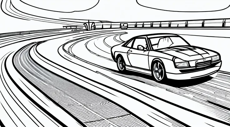 Coloring book page, beautifully drawn, black and white, car racing on a track, simple line, illustration, ink drawing, very prominent thick outlines, clean lines, line drawing, clipart. A car is moving along the road, another one is catching up behind it. ...