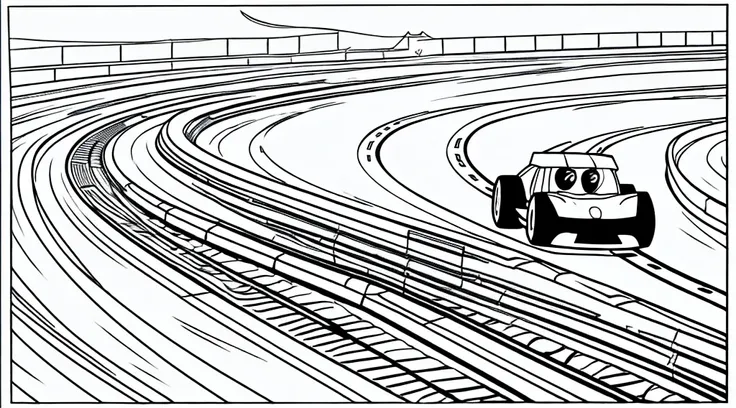 Coloring book page, beautifully drawn, black and white, car racing on a track, simple line, illustration, ink drawing, very prominent thick outlines, clean lines, line drawing, clipart. A car is moving along the road, another one is catching up behind it. ...