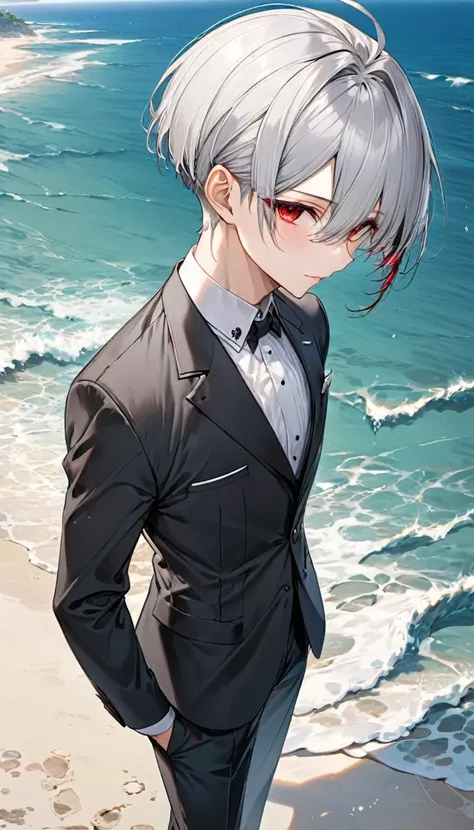 (profile:2, full-body), (love style) ((16 yo)), (solo:2 crew cut silver hair very short hair divine cool boy, serious red eyes), break, (in a butler suit), break, (in the open ocean view beach), (background detailed chapel), BREAK, perfect anatomy, masterp...