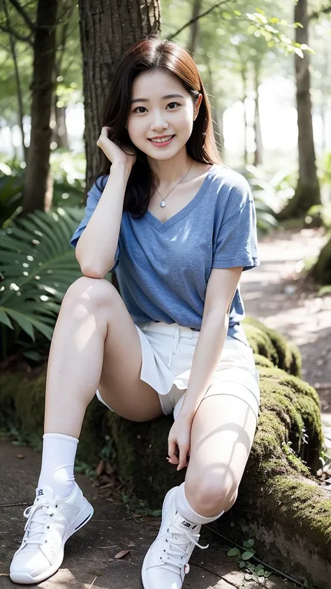 masterpiece, best quality, Surreal, Ultra Detailed, 8k resolution, RAW photos, Clear focus, (A girl in the forest),Asian woman in blue top and white shorts, Full body posture, Solitary, Perfect body, Become a, 32 inches in the chest,(a charming smile:1), (...