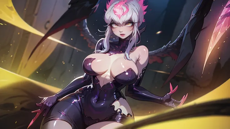 Evelyn_standard , League of Legends , amber eyes, cabelo longo , seios grandes, personagem se posicionado deitado com a bunda para cima.