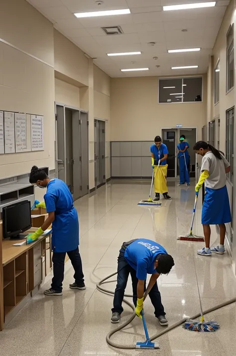 make or draw a picture showing people in the community cleaning the school