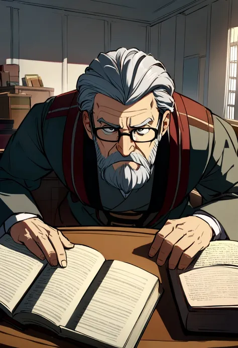 Crie um cartaz inspirado na Disney Pixar com o personagem sendo o pastor Rubens Janier, A gray-haired man wearing glasses, in an office with a Bible on the desk, Looking forward and serious