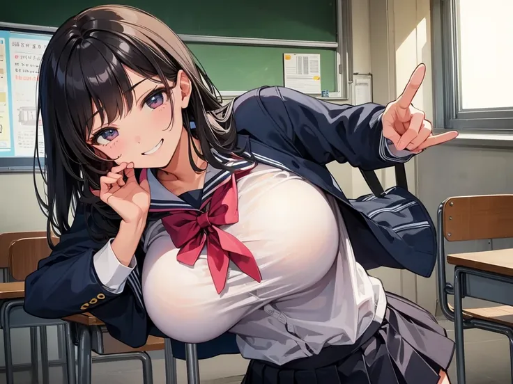 high school girl、Dressed in high 、School classroom、(Big Breasts)、Grinning face、((solo))、smirk