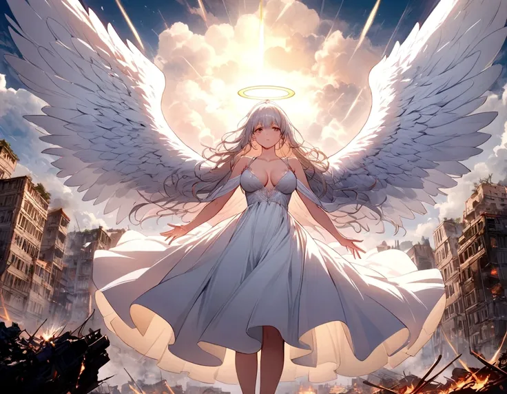 
A (back view:1.5) of a very beautiful female angel(long platinum hair, wide-backed white dress,(big beautiful angel wing from her chest),very beautiful shiny halo,breast), she is spreading her arms wide and gently as if seeking salvation, she is above the...