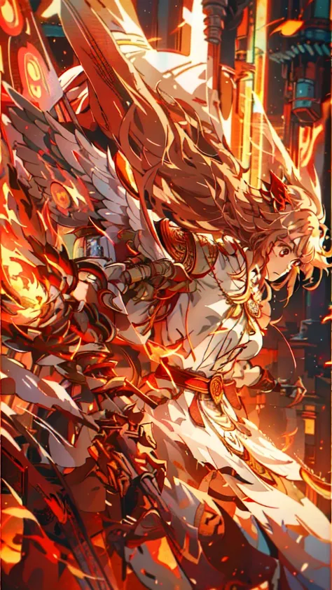 A woman wearing red sword and red armor, detailed key anime art with fiery burning flame wings, detailed anime art, detailed anime artwork, winding in flames, detailed digital anime art with fiery golden wings, HD anime wallabies, flames surrounding her, e...