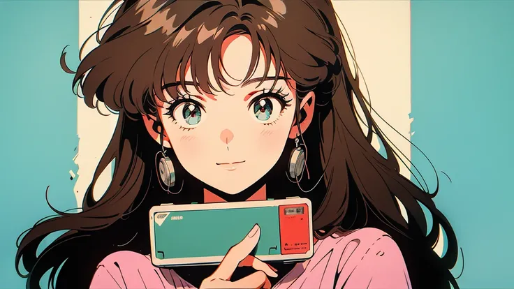 an anime style drawing of a girl holding a cassette tape. the background is simple and the main focus is on the girl and the cas...