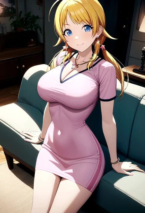 blonde hachimiya meguru with twintails, a very detailed face, blue eyes, very large breasts, a slim waist, slim hips, pink tight...