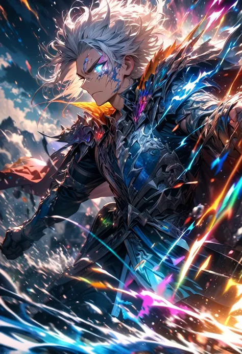 absurdres, highres, ultra detailed, HDR, masterpiece, extremely detailed face and eyes, dragon knight , colorful white hair , , solo, man, handsome, , , Epic fight scene, colorful water splashing effect,colorful lightning  effect,glowing glitters