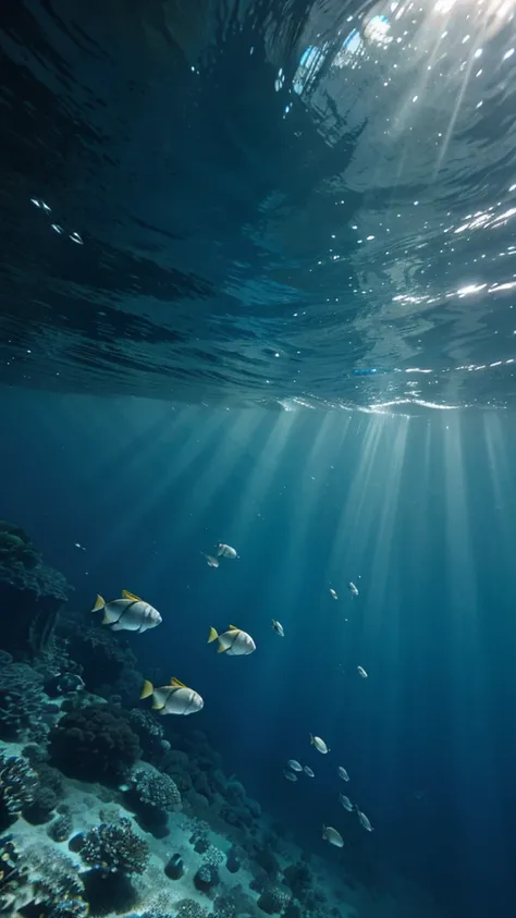 Underwater view, just blue water and the surface from below, no objects, just water of different tints of blue