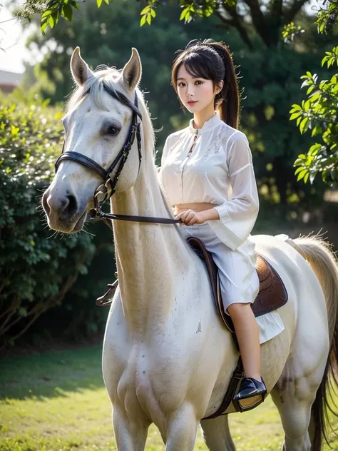 white horse。horse riding 、(highest quality)), (very detailed), ((very detailed)), 4k, (8k), highest quality, one person,kind fac...