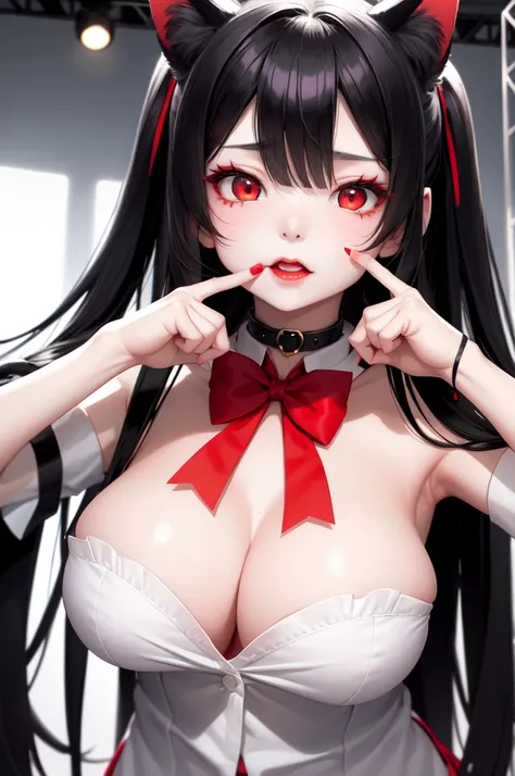 1 girl、细致的Facial details，Cat ear，Black long hair,red lips，Slim，Wearing a white shirt，With red bow tie，White shorts，Two hands，Two Legs，Large Breasts，Charming red eyes,，handcuffs，collar，Radiant Skin，Facial details，stage，Magic show