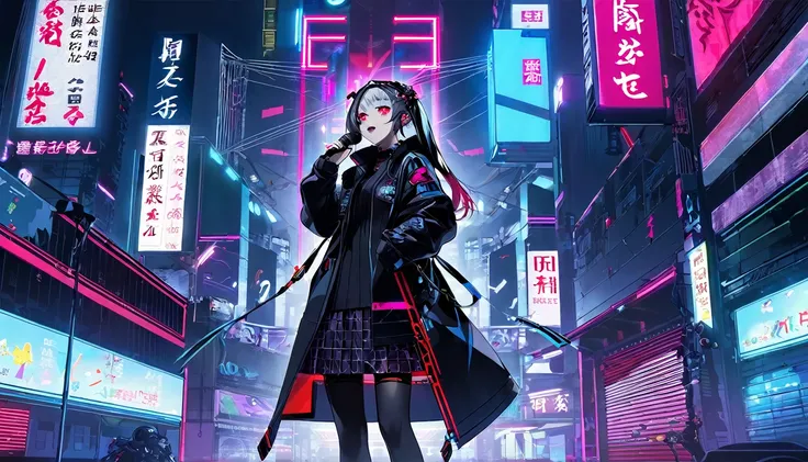 One girl singing with a microphone、whole body、cyber punk、Red eyes、Glowing Eyes、Black coat、Open coat、Teen