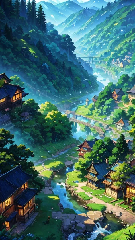 A detailed anime-style village landscape, rolling hills, winding river, lush green trees, wooden houses, cobblestone paths, birds flying in a vast blue sky, dramatic lighting, fantasy atmosphere, cinematic composition, vibrant colors, digital painting styl...