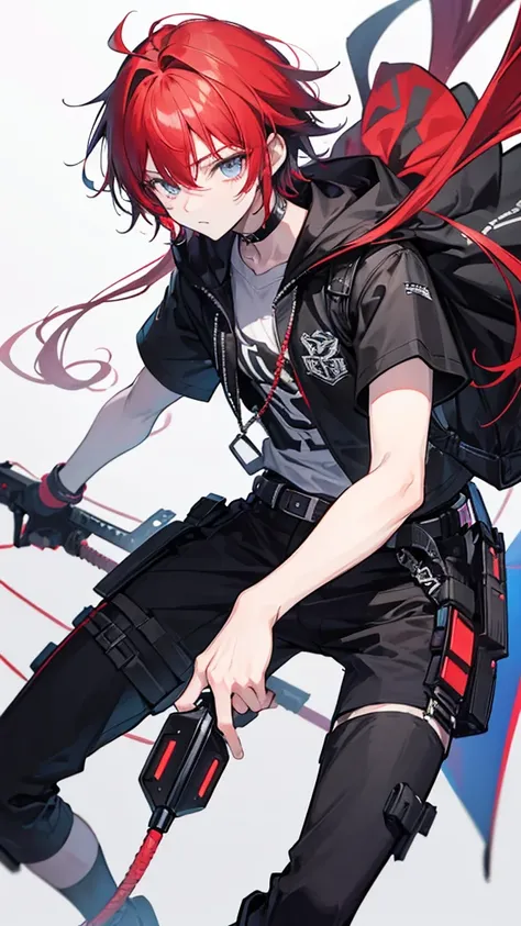 An illustration of a cool-looking 15-year-old boy with 80% black and 20% red hair that is about face length.