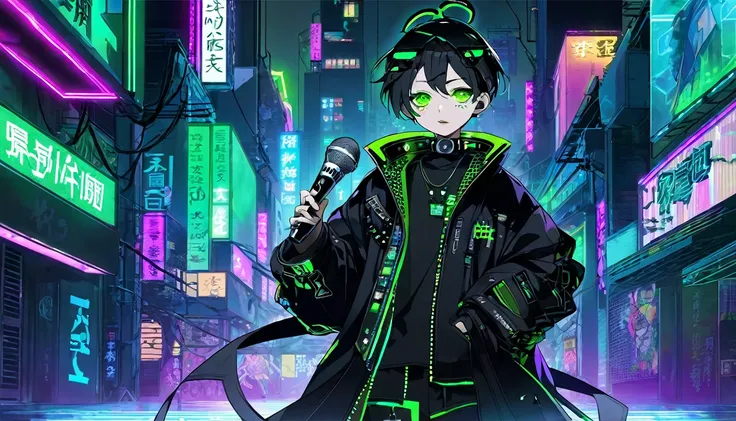 One boy singing with a microphone、whole body、cyber punk、Green Eyes、Glowing Eyes、Black coat、Open coat、Teen