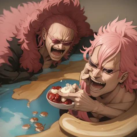 doflamingo eating pudding in a hot spring