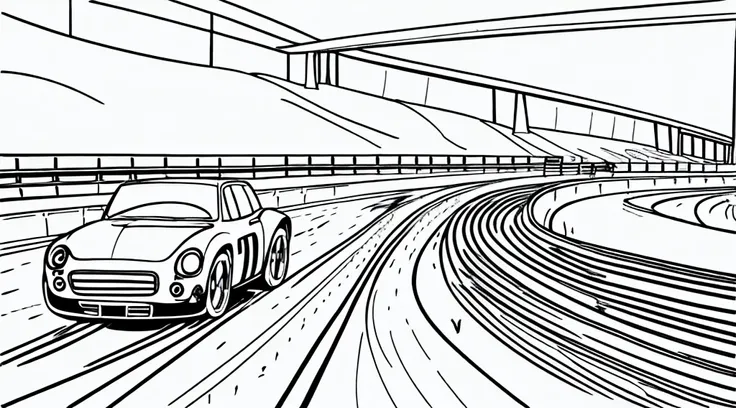 Coloring book page, beautifully drawn, black and white, car racing on a track, simple line, illustration, ink drawing, very prominent thick outlines, clean lines, line drawing, clipart. A car is moving along the road, another one is catching up behind it. ...