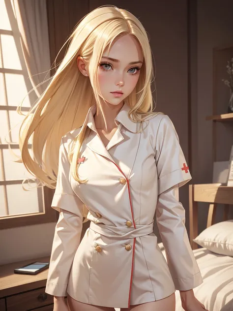 (best quality), 1girl, female, porcelain skin, blonde hair, straight hair, medium hair, swoopy tips, Flipped-up ends, brown eyes, perfect eyes, slender, nurse outfit, small bust, shy, masterpiece, anatomically correct, highres
