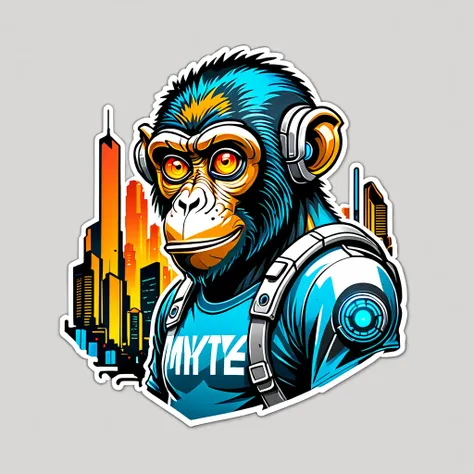 A futuristic monkey figure, with lights in eyes, surrounded by vibraprint ready vector t-shirt design, cyberpunk monkey illustration, side view, sticker, clean white background, professional vector, high detail, t-shirt design, graffiti, vibrant nt futuris...