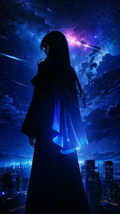 Long-haired woman，Long coat， Dress Silhouette， Rear View，Space Sky, comet, Anime Style, Fantastic night view