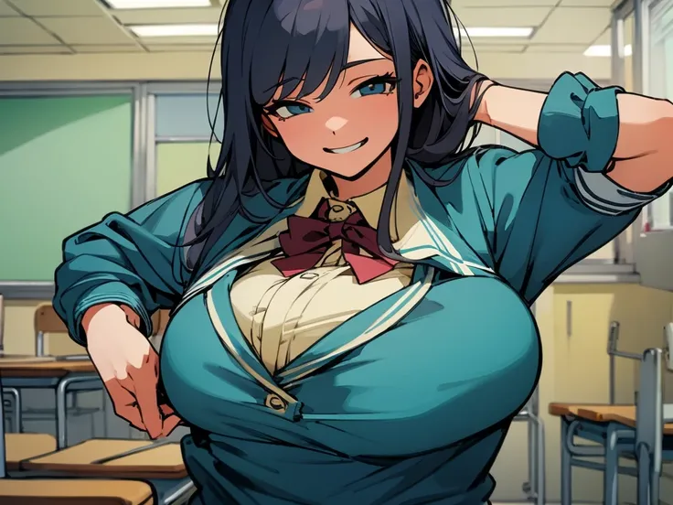 high school girl、Dressed in high 、School classroom、(Big Breasts)、Grinning face、((solo))、smirk