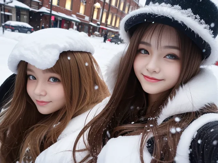 fluffyの毛皮。fluffy、A Russian girl with a fair complexion and a young face。A frontal shot looking directly at the viewer、Smiling。Beautiful women in luxurious furs。Old-fashioned。Fisheye Lens、Fur coat。snow。