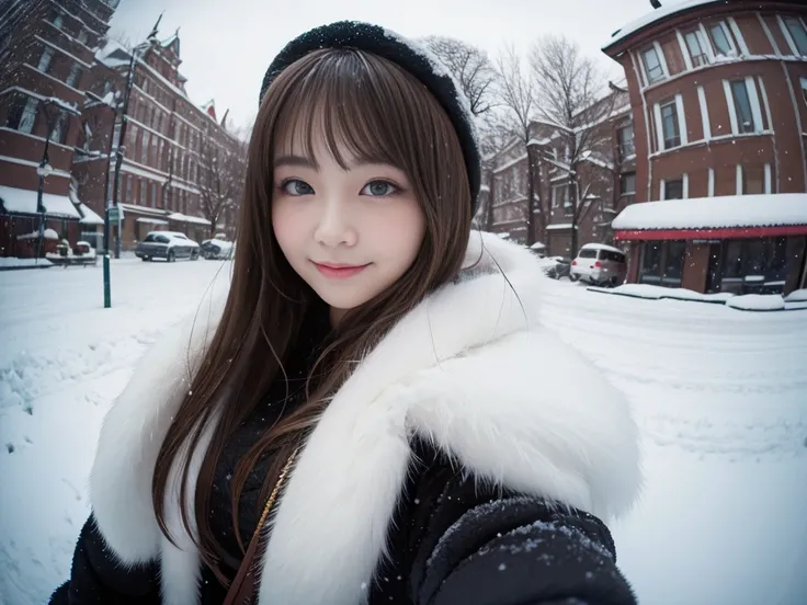 fluffyの毛皮。fluffy、A Russian girl with a fair complexion and a young face。A frontal shot looking directly at the viewer、Smiling。Beautiful women in luxurious furs。Old-fashioned。Fisheye Lens、Fur coat。snow。