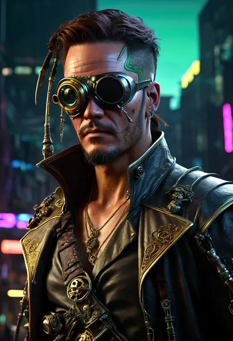 cyberpunk style, bio mechanical pirate, cybernetic arms and mantis blade, ((wearing a pirate styled eye patch)), highly detailed, hyperrealistic, intricate, sharp focus, 8k, masterpiece, photorealistic, chiaroscuro lighting, dramatic lighting, neon lights,...