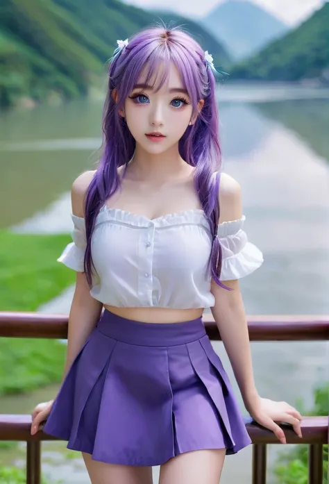 Masterpiece, best quality, ultra-high resolution, 8k resolution, delicate features, perfect face, girl, single, beauty contact lenses, student, big watery eyes, purple hair, mini skirt, hall, full body, panoramic view,