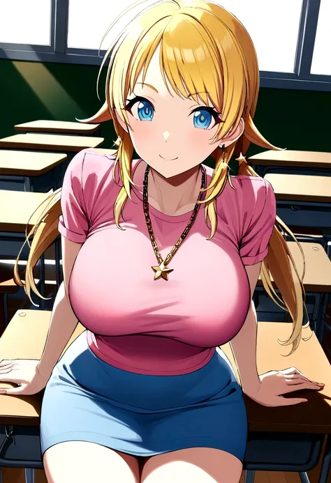 blonde Hachimiya Meguru with twintails, a very detailed face, blue eyes, very large breasts, a slim waist, slim hips, pink t-shirt, a light blue skirt, a gold star necklace, very long chain earrings to the shoulders, sitting in a class room at a school des...