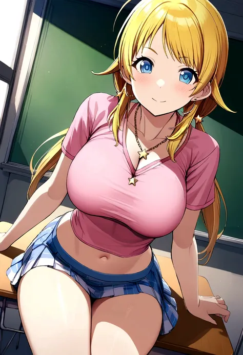 blonde Hachimiya Meguru with twintails, a very detailed face, blue eyes, very large breasts, a slim waist, slim hips, pink t-shirt, a light blue skirt, a gold star necklace, very long chain earrings to the shoulders, sitting in a class room at a school des...